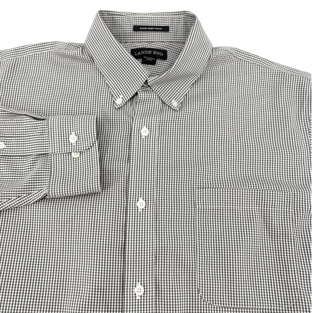 Lands End Mens No Iron Supima Cotton Button Down Gray Gingham Shirt 16 1/2-32 - Picture 2 of 8